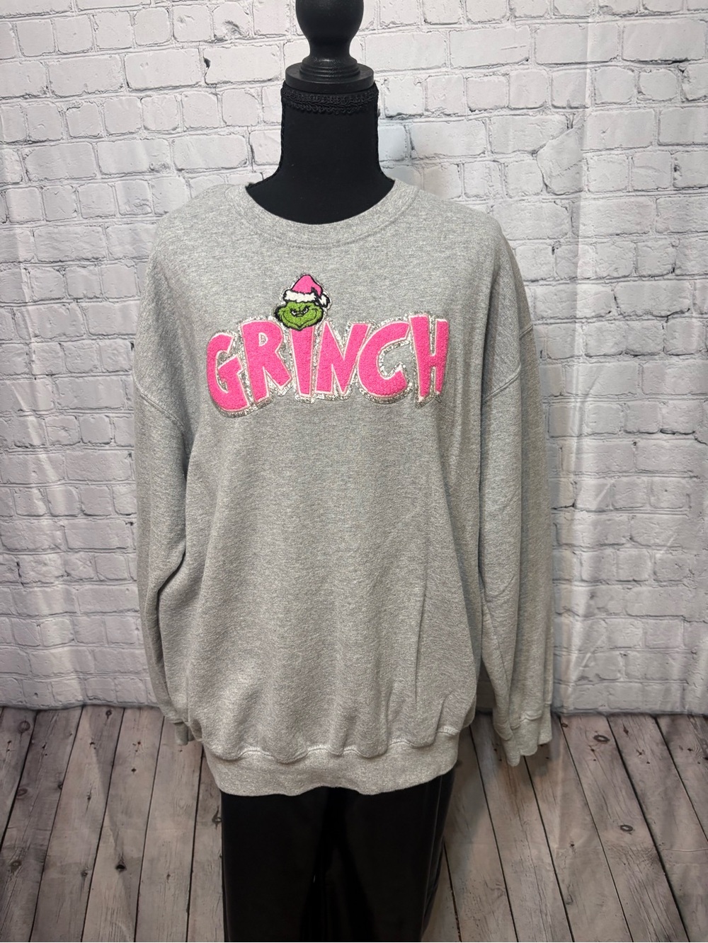 Gildan Gray Sweatshirt with Pink GRINCH Graphic
